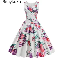 Woman 50s 60s Hepburn Style Retro Print Dress Elegant Sleeveless V Neck Floral Swing Vintage Robes Dresses for Women Summer 2026
