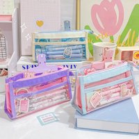 1pcs Color Block Transparent PVC Pencil Case Pen Storage Bag for Exam Sweet Colors Large Capacity Multi-Layer Stationery A7956