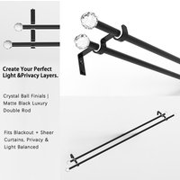 Crystal Ball Top Decoration | Black Luxury Double Rod Metal Curtain Rod Set, Wall-Mounted, Sturdy and Durable, Compatible with Blackout Curtains and Sheer Curtains. Adjustable Length Suitable for