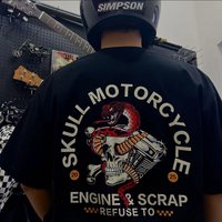 Skull Snake Plate Scrapped Motorcycle Engine American Retro Men's and Women's Pure Cotton Loose Round Neck Short-sleeved T-shirt