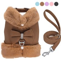 Soft Warm Dog Vest Harness and Leash Set Cute Bowknot Pet Winter Clothes Vest Warm Fur Small Dog Clothing French Bulldog Pink