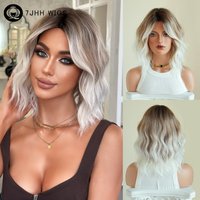 7JHH WIGS Short Water Wave Brown Ombre White Wig for Women Synthetic Modest Fashion Middle Part Brown Bob Wigs with Dark Roots