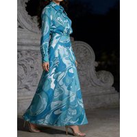 Holiday style wavy print women's suit spring new single-breasted long-sleeved shirt+high waist A-shaped skirt fashion two-piece