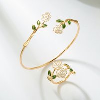 Vintage Charm Camellia Rose Flower Bracelet Ring Set For Women Gold Color Open Adjustable Cuff Bangle Ring Party Wedding Jewelry