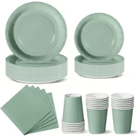 Sage Green Party Tableware Set Disposable Paper Plates Cups Napkins For BBQ Picnic Birthday Baby Shower Outdoor Decorations