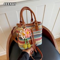 CEEKAY Striped Straw Woven Mini Bucket Handbag Rainbow Color Weave PU Trim Crochet Flower Pumpkin Charm Detachable Cross Strap