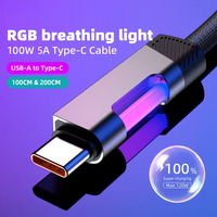 100W RGB Fast Charging Cable 5A USB Type C Charge Cord With RGB Ambient Light Data Cable Wire For iPhone Huawei Xiaomi Samsung