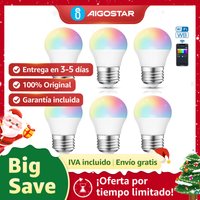 Aigostar 6 Pack Bombillas Inteligentes Wi-Fi G45 E27 6.5W RGBCW, compatibles con Alexa/Google Home. Sin Hub necesario