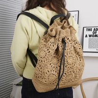 Straw Drawstring Backpack Summer Boho Bali Hollow Shoulder Bag Hobo Crochet Woven Travel Bags for Women Knitted Beach Back Pack