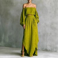 2026 Spring Summer Chic Linen Set For Women Trendy Off-Shoulder Puff Sleeve Crop Top Split Skirt 2 Piece Set Premium Linen Set