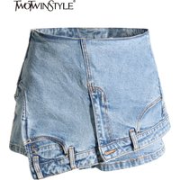 TWOTWurea-Jupe courte en denim YLE pour femme, couleur unie, taille haute, patchwork, ourlet irrégulier, streetwear, pantalon court, vêtements féminins, 2022