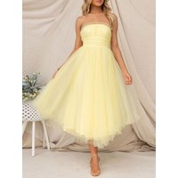 Women Tulle Strapless Tutu Dress Lace Mesh A Line Swing Midi Dress Sexy Ruched Cocktail Evening Party Dresses