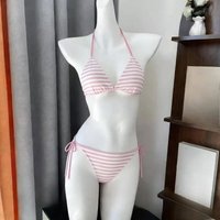Y2K Style Striped Bikini Set Halter Tie Two Piece Swimsuit Ruffle Edge Fashion Beachwear Summer Holiday Swimwear Woman