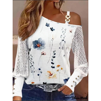 Elegant Floral Print Long Sleeved Tops Women's Button Semi Transparent Lace Shirts Off Shoulder Casual Spring T-shirt