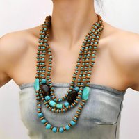 Bohemian Vintage Ethnic Multi-layer Wooden Beads Imitation Turquoise Beaded Necklace For Women Party Accessories