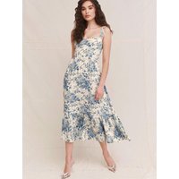 Retro Reformation Dress with Square Collar Backless Slimming Strap Long Dress Floral Print Waist Cinched in Blue like Swallow