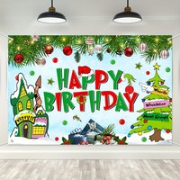 Christmas Birthday Party Decorations Whoville Happy Birthday Backdrop for Party Supplies Happy Birthday Banner Cartoon Themed