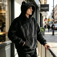 Herren Flauschiger Fleece-Hoodie mit Bärenohren, Kordelzug, Kängurutasche, Locker Geschnitten, Herbst-Winter, Alltagstauglich, Warm, Langarm-Pullover