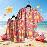 Kawaii Kirby Sleepwear Set Pink Cartoon Pattern Button Up Shirt Shorts Breathable Casual Loungewear Women shirt short Kids Set