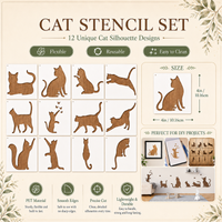 12Pcs Reusable Cat Stencils for Painting on Wood,DIY Craft Stencil PET Animal Theme Template for Painting on Wood Wall Fabric