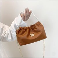 Women PU Butterfly Handbag Fashion Shoulder Bag Pearl & Chain Strap Stylish Messenger Bag Solid Color for Party Vacation