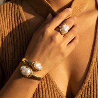 Vintage Baroque Imitation Pearl Jewelry Set for Women Metal Gold Color Open Cuff Bangle and Ring Party Daily Wear Jewelry Gift