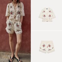 Women's Summer 2026 New Embroidered Top with Elastic Waist And Floral Lace Shorts Fashionable Two-Piece Set Long Sleeve Cardigan
