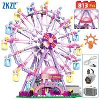 ZKZC Cherry blossom color City Friends Seven Colors LED Rotating Ferris Wheel Building Blocks Electric Bricks Toy Children Gifts
