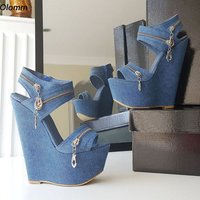 Olomm Handmade Women Platform Sandals Denim Zipper Wedges High Heels Peep Toe Pretty Blue Party Shoes Ladies US Plus Size 4-15
