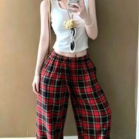 New Y2K Red Checkered Wide Leg Casual Women's Pants, Elastic Retro Soft Straight Leg Loose Sleepwear, Casual Walking Sleepwear