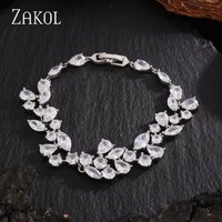 ZAKOL Shiny Marquise Cut Cubic Zirconia Silver Color Leaf Shape Chain Bracelet Bangle for Women Brides Wedding Party Jewelry