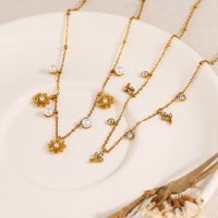 WILD & FREE 18K Gold Plated Flower Pendant Necklace for Women Crystal Pearl Charms Exquisite Jewelry Waterproof
