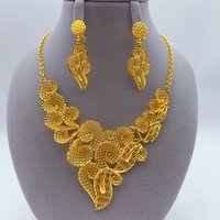 Indian 24K Gold Plated Big Floral Necklace Earrings Jewelry Set For Women African Dubai Bridal Wedding Party Gift Jewellery