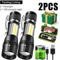 2Pack Mini LED Flashlight COB+XPE Portable Torch USB Charging Camping Lantern Zoomable Light Keychain Flashlight with Pen Clip