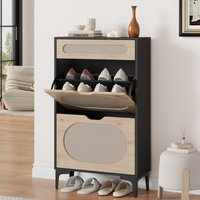 Rattan Shoe Cabinet with 2 Flip Drawers and 1 Pull-Out Drawer 3 Adjustable Shelf, Narrow Shoe Storage Cabinet for Entryway Porch