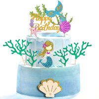 5pcs Mermaid Theme Birthday Cake Topper with Seaweed and Mermaid, Cake Cupcake Toppers for Girls Mermaid Themed Birthda Party