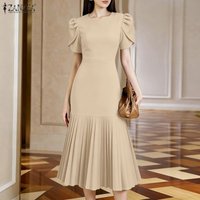 ZANZEA 2026 Summer Sundress Short Petal Sleeve Solid Pleated Dresses Elegant Women OL Work Midi Dresses Stylish Party Vestidos