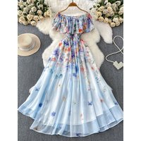 Women Maxi Dress French Vacation Chic Off-the-Shoulder Chiffon Floral Print Ruffled Hem Fitted Waist Long Vestidos Female DS331