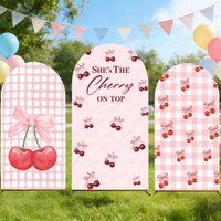 Girl Cherry Happy Birthday Arch Backdrop Cover Pink Red Bows Cherry Photography Background Wall Elastic Party Decoration Props
