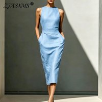Boho Summer Sleeveless High Waist Sheath Dress Office Workwear Casual Solid Pocket Long Dress Women's O Neck Elegant Party Dress