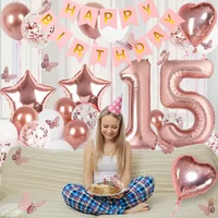 Rose Gold Happy 15th Birthday Party Decorations Foil 15 Balloons for Happy 15th Birthday Banners Hanging Birthday Party Supplies