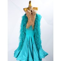 ET peacock blue backless standard dance dress woman competition waltz with feather boas & pearl chiffon skirt