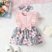 0-2 Year Old Short Sleeved Round Neck Cute Casual Summer Cotton Bow Headscarf Girl Daily Dress Baby Wear