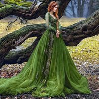 Pastrol Green Wedding Dress Long Sleeves V-neck Tulle A Line Country Wedding Gown For Bride Customized