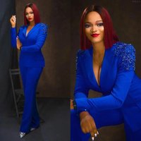 Luxury Women Stones Suits 2 Pieces Peaked Lapel Pocket Blue Blazer Flare Pants Customized Fashion Celebrity Dress Modern Jacket