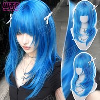 WTB Blaue geschichtete gerade synthetische Lolita-Perücke mit Pony, Anime-Cosplay-Perücke mit langen Haaren für Halloween-Kostümparty