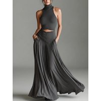 Hollow Out Sleeveless Sexy Maxi Dress Women Fashion Turtleneck Ruched High Waist Pocket Bodycon Club Party Long Dress Female