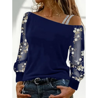 Silver Shoulder Strap Transparent Sleeves Sequins Blouse Women's Sexy T-shirt Christmas Tree Printed Long Sleeved Top