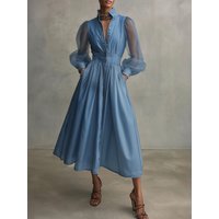 Elegant Women's Faux Denim Midi Dress Sheer Puff Sleeves Stand Collar Button Down High Waist A-Line with Pockets Casual Spring