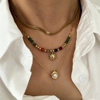 Imitation Pearl Natural Stone Sunflower Pendant Necklace Women's Stainless Steel Flat Snake Chain Stackable Jewelry